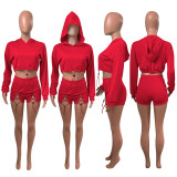 Solid Hooded Long Sleeve Drawstring 2 Piece Shorts Set NIK-255