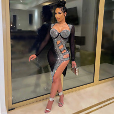 Sexy Hot Drilling Mesh Hollow Out Club Dress SH-390167