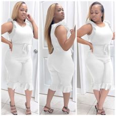 Plus Size Ruffled Sleeveless Sashes Calf-Length Jumpsuit MOF-6636