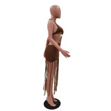 Sexy Knitted Tassel Halter Hollow Mini Dress TR-1166
