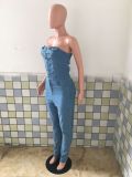 Plus Size Denim Off Shoulder Strapless Jeans Jumpsuit LX-6061