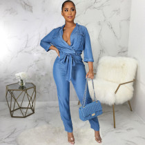 Casual Denim Long Sleeve Sashes Jeans Jumpsuit HSF-2922