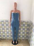 Plus Size Denim Off Shoulder Strapless Jeans Jumpsuit LX-6061