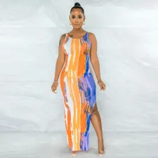 Sexy Printed Sleeveless Backless Split Maxi Dress YNSF-1666