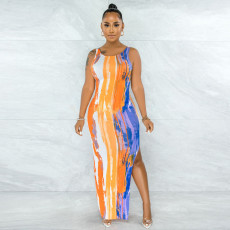 Sexy Printed Sleeveless Backless Split Maxi Dress YNSF-1666