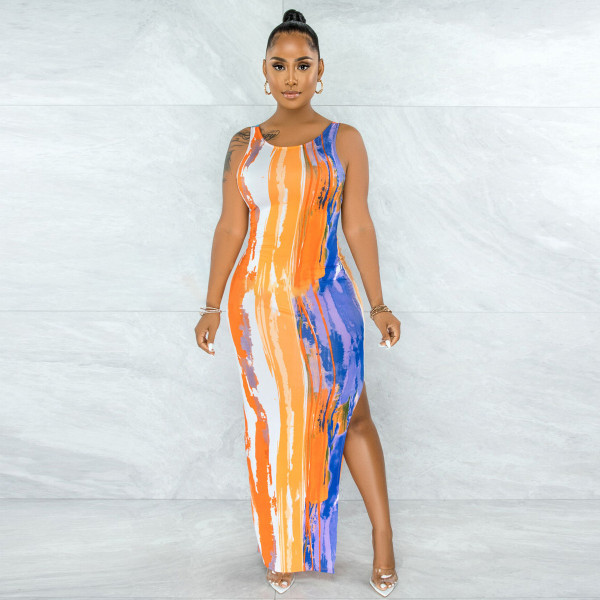 Sexy Printed Sleeveless Backless Split Maxi Dress YNSF-1666