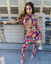 Sexy Printed Wrap Chest Two Piece Pants Set QZX-6223