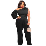 Plus Size One Shoulder Long Sleeve Sashes Jumpsuit NNWF-7089