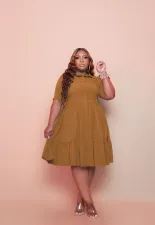 Plus Size Solid High Waist Big Swing Pleated Midi Dress WY-7112