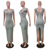 Solid Sexy Backless Zipper Split Bodycon Maxi Dress WY-6825