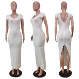 Solid Sexy Backless Zipper Split Bodycon Maxi Dress WY-6825