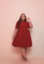 Plus Size Solid High Waist Big Swing Pleated Midi Dress WY-7112