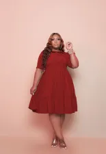 Plus Size Solid High Waist Big Swing Pleated Midi Dress WY-7112