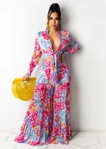 Sexy Chiffon Printed Blouse Top Wide Leg Pants 2 Piece Sets SFY-2125