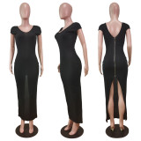 Solid Sexy Backless Zipper Split Bodycon Maxi Dress WY-6825