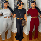 Solid Short Sleeve Crop Top Flared Pants 2 Piece Suits WSYF-5889