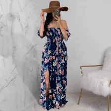 Floral Print Off Shoulder Split Maxi Dress JRF-3641