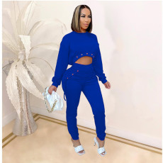 Solid Long Crop Top+Lace-Up Pants 2 Piece Outfit MDF-5249