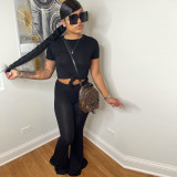 Solid Short Sleeve Crop Top Flared Pants 2 Piece Suits WSYF-5889