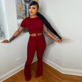 Solid Short Sleeve Crop Top Flared Pants 2 Piece Suits WSYF-5889