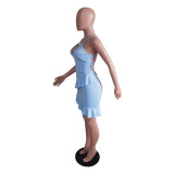 Sexy Solid Ruffled Cross Strap Mini Dress BS-1281