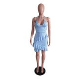 Sexy Solid Ruffled Cross Strap Mini Dress BS-1281