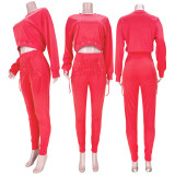 Solid Long Crop Top+Lace-Up Pants 2 Piece Outfit MDF-5249