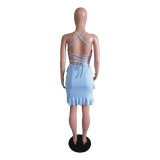 Sexy Solid Ruffled Cross Strap Mini Dress BS-1281