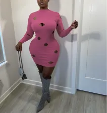 Sexy Solid Hole Long Sleeve Bodycon Mini Dress WY-6834