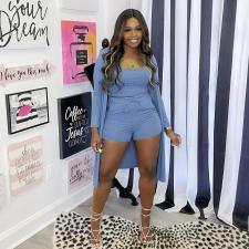 Solid Ribbed Cami Top+Long Cloak+Shorts 3 Piece Sets OLYF-6072