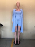 Solid Ribbed Cami Top+Long Cloak+Shorts 3 Piece Sets OLYF-6072