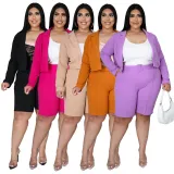 Plus Size Solid Blazer Coat Belted Shorts 2 Piece Sets NNWF-7257