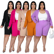 Plus Size Solid Blazer Coat Belted Shorts 2 Piece Sets NNWF-7257