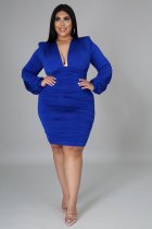 Plus Size Sexy Deep V Ruched Long Sleeve Bodycon Dress NNWF-7242