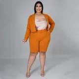 Plus Size Solid Blazer Coat Belted Shorts 2 Piece Sets NNWF-7257