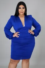 Plus Size Sexy Deep V Ruched Long Sleeve Bodycon Dress NNWF-7242