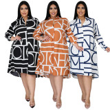 Plus Size CasuaL Printed Long Sleeve Shirt Dress NNWF-7255