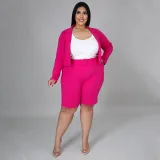 Plus Size Solid Blazer Coat Belted Shorts 2 Piece Sets NNWF-7257