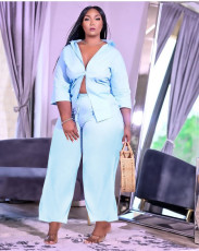 Plus Size Casual Solid Two Piece Pants Set YMEF-5032