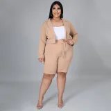 Plus Size Solid Blazer Coat Belted Shorts 2 Piece Sets NNWF-7257