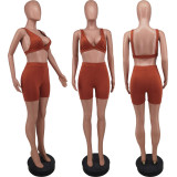Sexy Solid V Neck Sleeveless Two Piece Shorts Set ZDF-31129