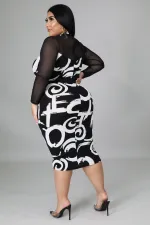 Plus Size Mesh Patchwork Long Sleeve Midi Dress NNWF-7258