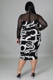 Plus Size Mesh Patchwork Long Sleeve Midi Dress NNWF-7258