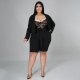 Plus Size Solid Blazer Coat Belted Shorts 2 Piece Sets NNWF-7257