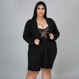 Plus Size Solid Blazer Coat Belted Shorts 2 Piece Sets NNWF-7257