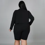 Plus Size Solid Blazer Coat Belted Shorts 2 Piece Sets NNWF-7257