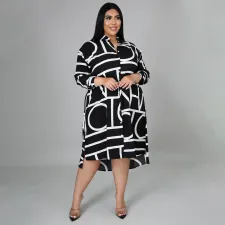 Plus Size CasuaL Printed Long Sleeve Shirt Dress NNWF-7255