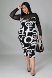 Plus Size Mesh Patchwork Long Sleeve Midi Dress NNWF-7258