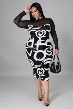 Plus Size Mesh Patchwork Long Sleeve Midi Dress NNWF-7258