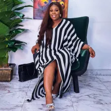 Plus Size Striped Loose Irregular Split Maxi Dress NNWF-7263
